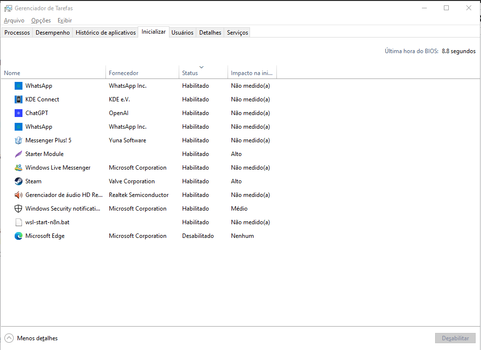 Lista de aplicativos configurados para iniciar com o Windows 11
